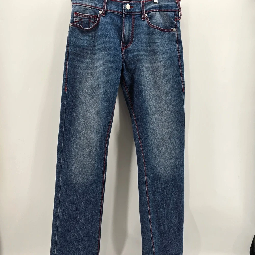 True Religion Ricky Big T Relaxed Straight Jeans Mens Red Stitch Blue 32x34 NEW